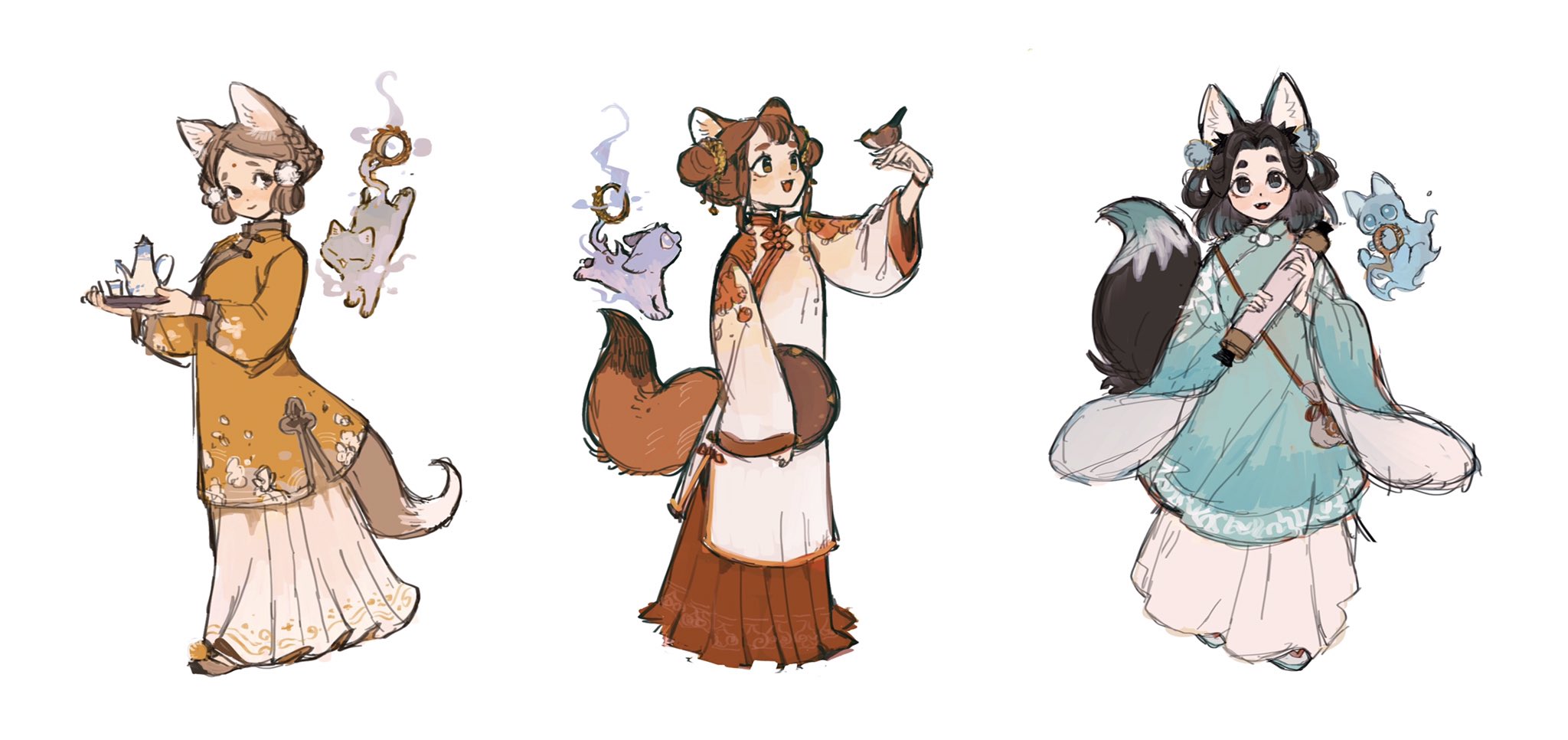3girls animal_ears aoqun aqua_hair aqua_hanfu bag bird black_hair braid brown_eyes brown_hair cat chinese_clothes facial_mark forehead_mark fox_ears fox_girl fox_tail full_body ghost gradient_hair hair_ornament hair_rings hanfu highres holding holding_tray huadian juanmao long_skirt mandarin_collar multicolored_hair multiple_girls orange_hanfu original pleated_skirt pom_pom_(clothes) pom_pom_hair_ornament red_hanfu shoulder_bag skirt tail teapot tray white_background