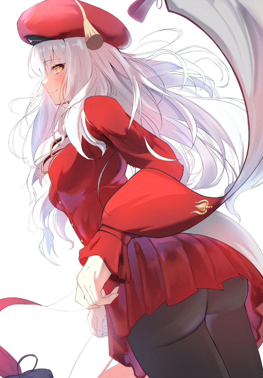 1girl ass back beret blush breasts brooch brown_pantyhose caren_hortensia caren_hortensia_(amor_caren) caren_hortensia_(amor_caren)_(second_ascension) dress fate/grand_order fate_(series) hat highres jewelry long_hair long_sleeves looking_at_viewer looking_back medium_breasts neck_ribbon pantyhose red_dress red_hat revision ribbon sash shawl smile solo thighs umi_endu wavy_hair white_hair yellow_eyes