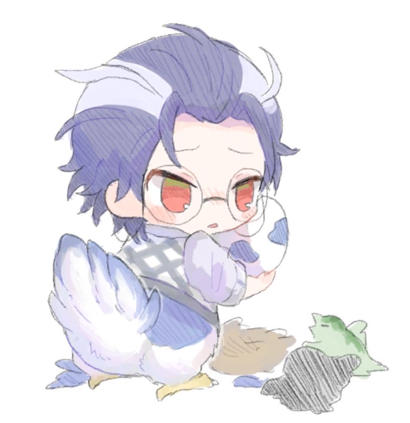 1boy animal_legs argyle_clothes argyle_sweater_vest bird bird_tail blush chibi chick collared_shirt commentary_request egg eyewear_strap feathers fusion glasses hair_slicked_back holding holding_egg hypnosis_mic male_focus multicolored_hair nest patapatapeppy purple_hair red_eyes round_eyewear sanrio shirt short_hair simple_background sleeves_rolled_up standing streaked_hair suke8364 sweater_vest tail tsurime tsutsujimori_rosho white_background
