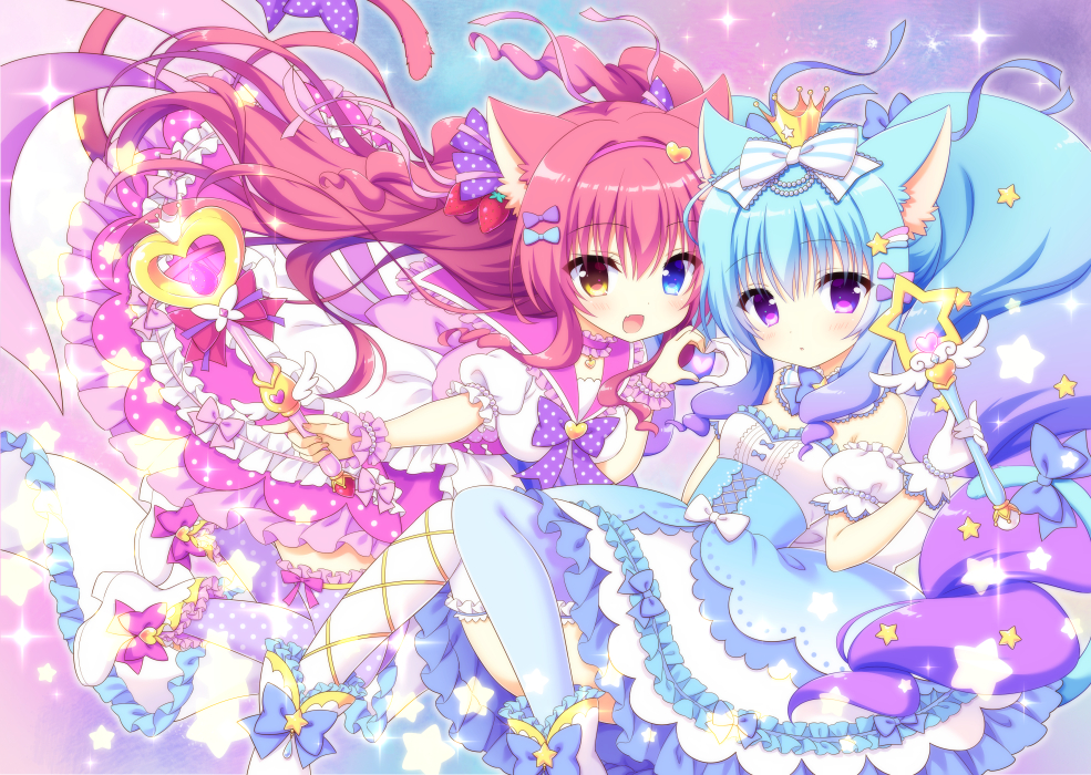 2girls :d animal_ears asymmetrical_legwear bare_shoulders bent_over blue_eyes blue_hair blue_thighhighs blush boots bow breasts cat_ears cat_tail choker commentary_request crown detached_collar fang flat_chest food-themed_hair_ornament frilled_legwear frilled_sleeves frills gradient_hair hair_ornament heart heart_hands heart_hands_duo heterochromia high-waist_skirt kamishiro_piyo knees_together_feet_apart long_hair looking_at_viewer magical_girl medium_breasts mini_crown mismatched_legwear multicolored_hair multiple_girls open_mouth original outstretched_arm parted_lips pink_bow polka_dot polka_dot_legwear puffy_short_sleeves puffy_sleeves purple_eyes purple_hair purple_legwear red_hair sailor_collar short_sleeves skirt smile sparkle star_(symbol) strawberry_hair_ornament tail thighhighs two_side_up very_long_hair wand white_footwear white_legwear wrist_cuffs yellow_eyes