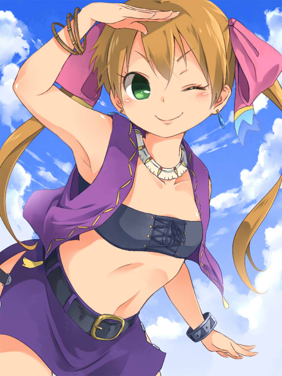 belt bracelet brown_hair cloud earrings green_eyes jewelry long_hair looking_at_viewer melty_(suisei_no_gargantia) navel one_eye_closed oosuzu_aoi skirt smile suisei_no_gargantia twintails