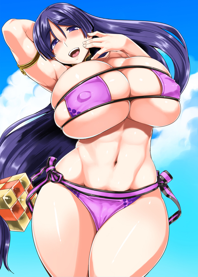 1girl armlet bikini blush breasts bursting_breasts choker cleavage covered_erect_nipples curvy eyepatch_bikini fate/grand_order fate_(series) female_focus gloves huge_breasts jewelry long_hair looking_at_viewer low-tied_long_hair minamoto_no_raikou_(fate) minamoto_no_raikou_(fate/grand_order) minamoto_no_raikou_(swimsuit_lancer)_(fate) navel open_mouth parted_bangs purple_bikini purple_eyes purple_hair side-tie_bikini_bottom single_glove smile solo swimsuit tabigarasu_(mahjong_yuugen_gaisha_58) very_long_hair wide_hips