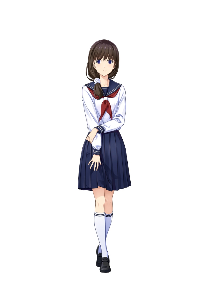 1girl artist_request black_shoes blue_eyes blue_sailor_collar blue_skirt brown_hair collarbone famicom_tantei_club female_focus full_body hair_ornament hair_over_shoulder hair_scrunchie hair_tie hairband kneehighs long_hair long_skirt neckerchief official_art red_neckerchief sailor_collar school_uniform scrunchie serafuku shirt shoes sidelocks simple_background skirt smile socks solo tachibana_ayumi white_background white_shirt white_socks