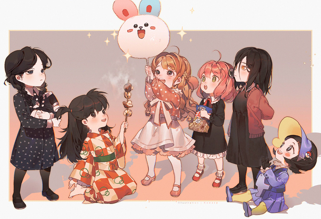 6+girls :d :o addams_family aged_down ahoge animification anya_(spy_x_family) arms_behind_back arms_up barefoot black_dress black_eyes black_hair black_pantyhose blush blush_stickers braid brown_hair brown_pantyhose chainsaw_man character_request child collared_dress crossover doll dress food full_body game_freak gradient_background green_eyes green_pantyhose hair_ornament hairclip holding holding_doll holding_stick inuyasha jacket japanese_clothes kawacy kimono long_hair long_sleeves looking_up mei-chan multiple_girls nayuta_(chainsaw_man) neck_ribbon nintendo on_ground open_clothes open_jacket open_mouth orange_eyes pantyhose peanut pink_hair plaid_clothes plaid_kimono pokemon pokemon_sv polka_dot polka_dot_shirt poppy_(pokemon) red_footwear red_jacket red_kimono red_ribbon ribbon rin_(inuyasha) shirt shoes sitting skirt smile socks sparkle spy_x_family standing stick teeth twin_braids unamused upper_teeth_only wednesday_(netflix) wednesday_addams white_background wide_sleeves