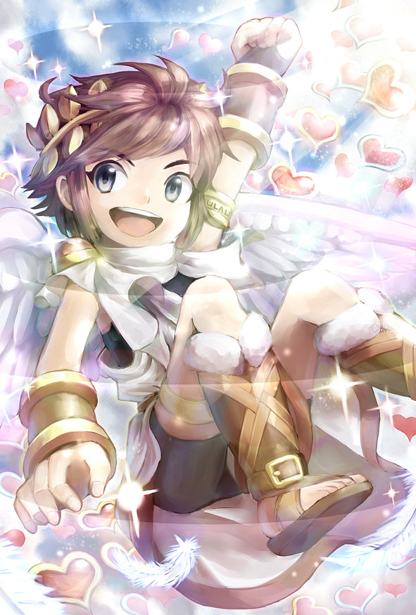 1boy :d angel angel_wings arm_up armlet azumi_(tks-sd) bike_shorts_under_skirt black_undershirt bracer brown_hair brown_sandals cheering feathered_wings feathers gold_armlet gold_thighlet happy heart jewelry kid_icarus kid_icarus_uprising laurel_crown male_focus nintendo open_mouth pit_(kid_icarus) sandals sidelocks smile solo sparkle spiked_hair teeth thighlet upper_teeth_only v-shaped_eyebrows white_wings wings
