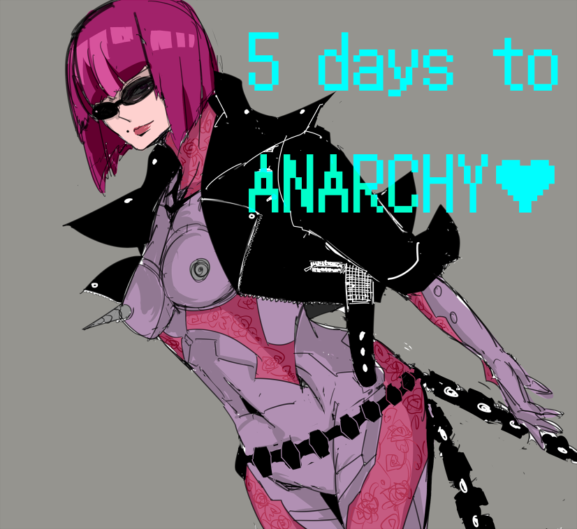 1girl belt breast_spikes breasts cyborg female_focus image_sample jacket madworld mathilda_(madworld) max_anarchy mole pixiv_sample purple_hair sega simple_background solo sunglasses