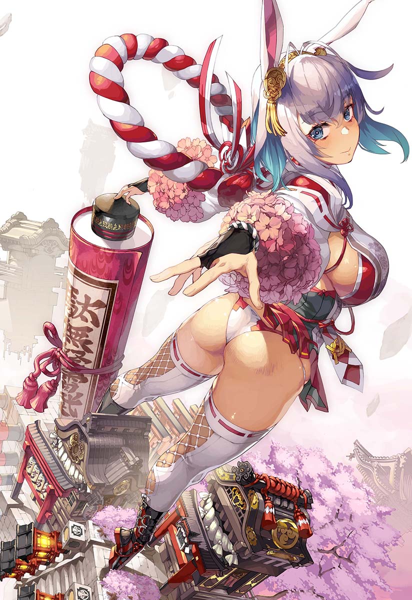 1girl animal_ears antenna_hair ass black_gloves blue_eyes blue_hair blush boots breasts bridal_gauntlets chinese_zodiac closed_mouth colored_inner_hair fake_animal_ears from_behind giant giantess gloves happy_new_year highres large_breasts long_hair long_sleeves looking_at_viewer looking_back multicolored_hair new_year nishii_(damnedrive) original rabbit rabbit_ears rabbit_girl ribbon-trimmed_legwear ribbon_trim scroll sideboob solo temple thighhighs tiptoes two-tone_hair white_hair white_thighhighs