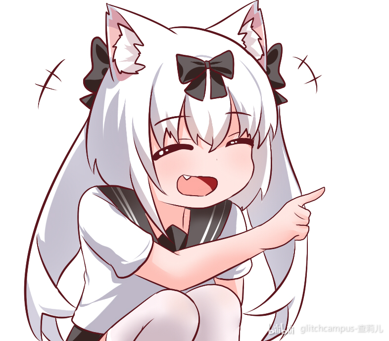1girl animal_ears artist_name azur_lane bilibili_username black_bow black_serafuku bow breasts cat_ears closed_eyes commentary cowboy_shot fang glitchcampus long_hair open_mouth school_uniform serafuku small_breasts solo symbol-only_commentary thighhighs white_background white_hair white_thighhighs yukikaze_(azur_lane)