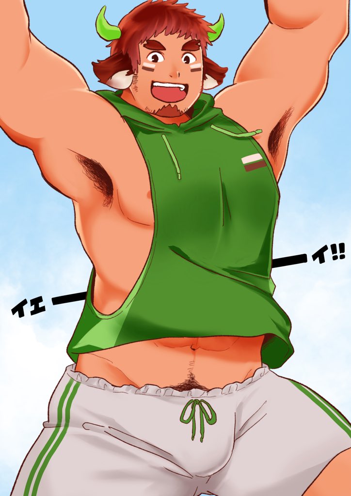 1boy :d abs animal_ears armpit_hair armpits arms_up bara brown_hair bulge cow_boy cow_ears cow_horns cowboy_shot eye_black facial_hair fiery_horns forked_eyebrows glowing_horns goatee hood hoodie horns jumping large_pectorals looking_at_viewer male_focus midriff_peek morioriorio muscular muscular_male navel navel_hair nipple_slip nipples open_mouth pectorals protected_link sanpaku short_hair short_shorts shorts sidepec sleeveless sleeveless_hoodie smile solo sparse_navel_hair thick_eyebrows thick_thighs thighs tokyo_houkago_summoners wakan_tanka