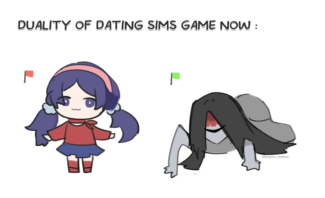 1boy 1girl :3 black_hair blood blood_on_face commentary crawling crazy_mita_(miside) english_commentary english_text full_body green_flag hairband homicipher long_hair miside mita_(miside) mr._crawling paper_memo_(pspspsps) pink_hairband purple_eyes purple_hair red_flag red_shirt shirt simple_background skirt twintails very_long_hair white_background
