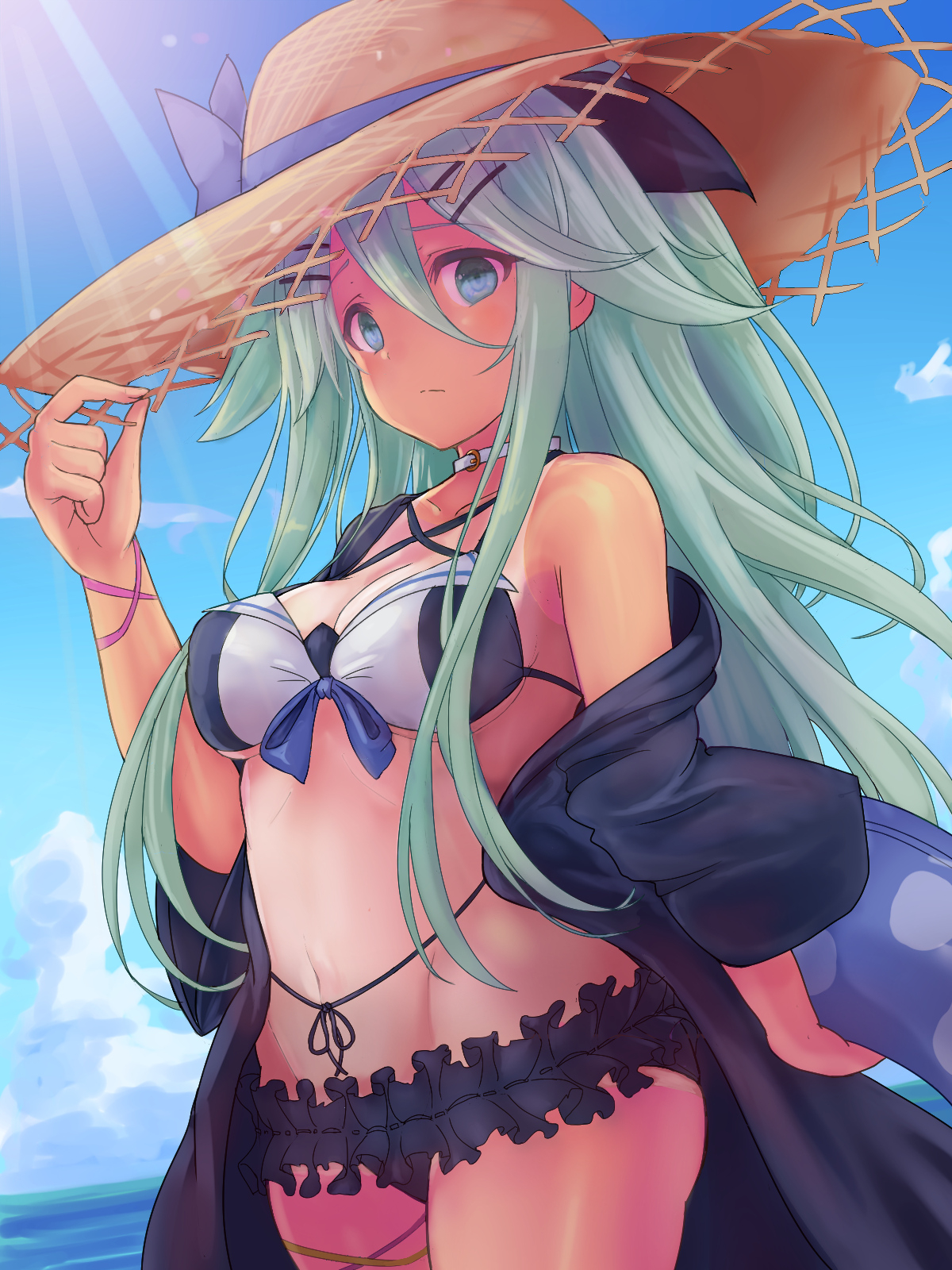 1girl bikini black_bikini breasts cleavage closed_mouth collarbone cowboy_shot day em_s gluteal_fold green_eyes green_hair groin hat highres kantai_collection long_hair medium_breasts navel ocean outdoors solo straw_hat swimsuit water yamakaze_(kancolle) yamakaze_(swimsuit)_(kancolle)