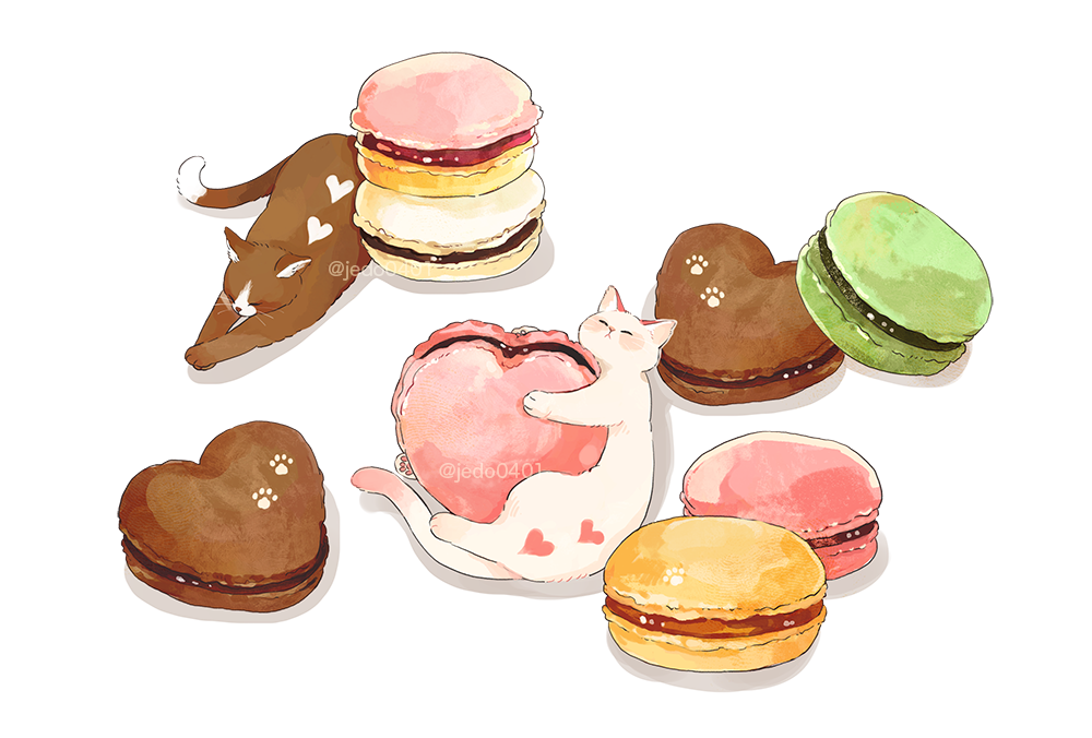 cat food food_focus hakuchizu heart heart_print macaron no_humans original paw_print simple_background undersized_animal white_background