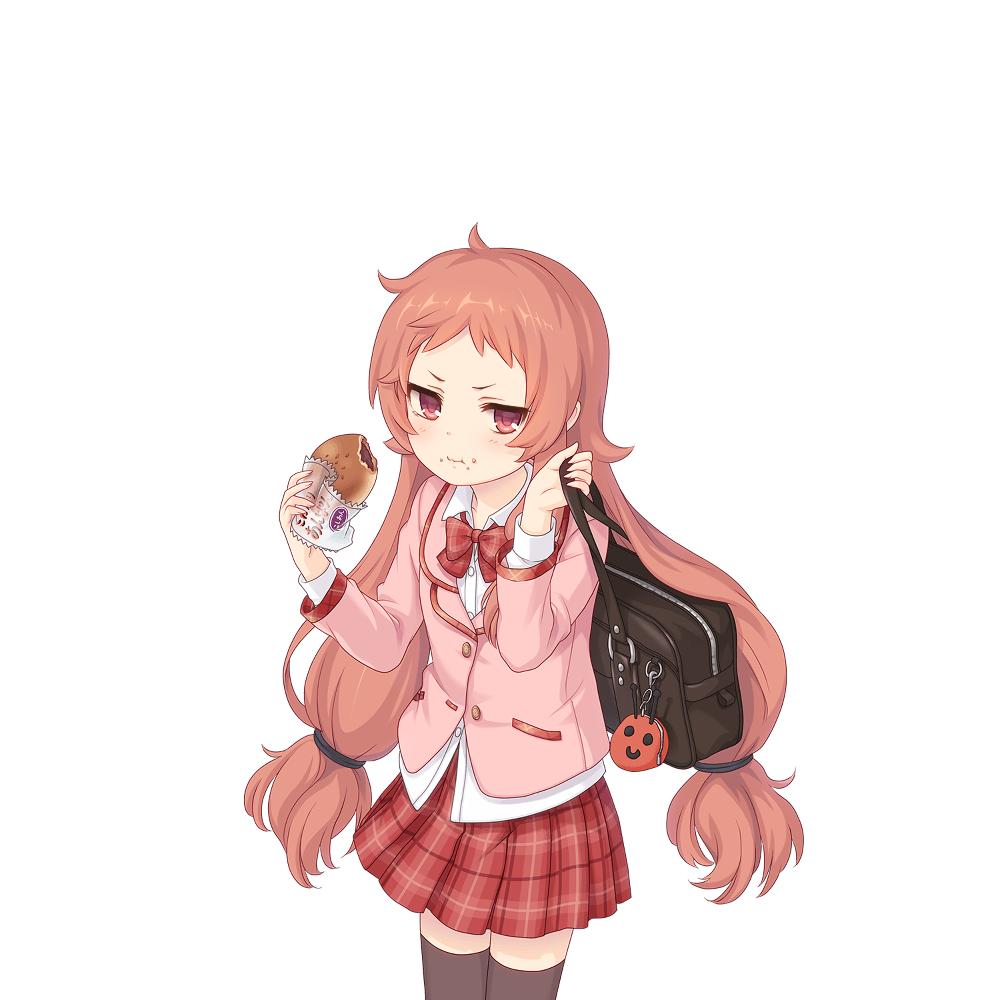1girl bag black_thighhighs eating food food_on_face holding holding_food jacket long_hair looking_at_viewer low-tied_long_hair official_art pink_hair pink_jacket plaid_clothes plaid_skirt pleated_skirt princess_connect! red_ribbon red_skirt ribbon rin_(princess_connect!) rin_(real)_(princess_connect!) school_bag school_uniform shoulder_bag skirt tachi-e thighhighs transparent_background