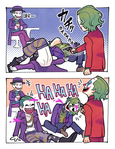 artist_request back batman_(1989) batman_(series) blood blue_bow blue_bowtie blue_shirt bow bowtie clown collar crossover dc_comics evil_smile fangs formal_clothes green_hair green_shirt green_vest gun hat heath_ledger jack_nicholson jacket jared_leto joaquin_phoenix joker_(2019) laughing long_hair lying makeup necktie on_floor orange_shirt pants pink_blood purple_hat purple_jacket purple_pants purple_suit red_jacket red_lips red_nose red_pants red_suit scar shirt shirtless_male short_hair smile suicide_squad suit tattoo the_dark_knight the_joker vest warner_bros weapon white_face white_facepaint