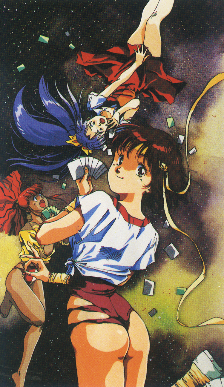 1980s_(style) 3girls amano_kazumi ass barefoot blue_hair brown_eyes card gunbuster headband highres holding holding_card jung_freud leotard long_hair looking_at_viewer mikimoto_haruhiko multiple_girls official_art oldschool oota_kouichirou open_mouth red_eyes retro_artstyle scan shirt short_sleeves skirt smile takaya_noriko tied_shirt top_wo_nerae! top_wo_nerae!_(series) wristband