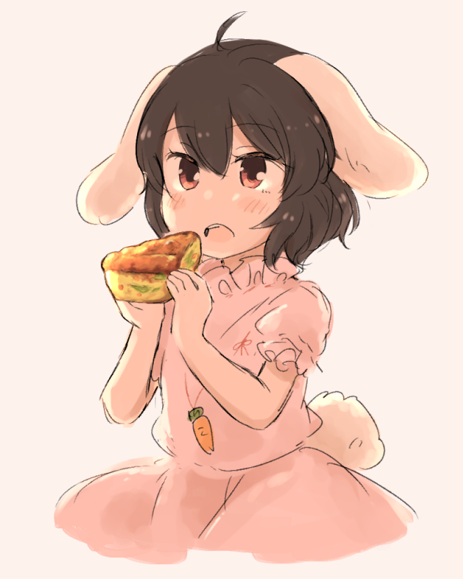 1girl ahoge animal_ears bad_id bad_twitter_id brown_hair carrot_necklace cowboy_shot dress eating food hands_up inaba_tewi looking_at_viewer necklace open_mouth pink_dress puffy_short_sleeves puffy_sleeves quiche rabbit_ears rabbit_girl rabbit_tail red_eyes short_sleeves simple_background solo tail touhou tsukiori white_background