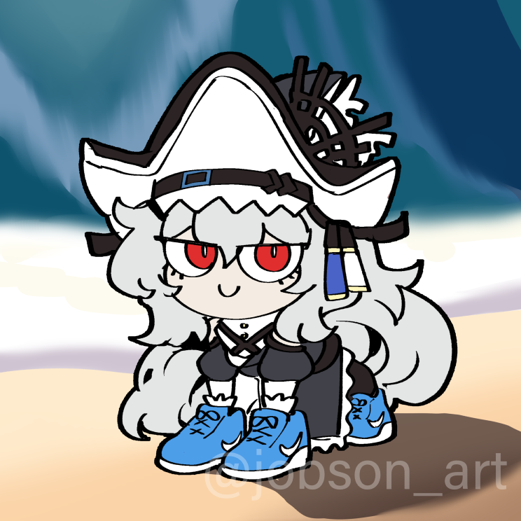 1girl ai-generated_art_(topic) arknights blue_shoes chibi closed_mouth commentary commentary_request english_commentary grey_hair italian_brainrot_ai_animals_(meme) long_hair looking_at_viewer meme mixed-language_commentary red_eyes shark_girl shoes sleepyowl_(jobkung15) smile sneakers solo specter_(arknights) specter_the_unchained_(arknights)