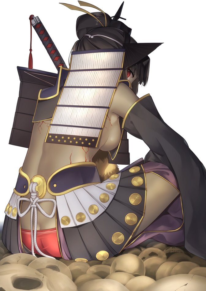 1girl armor black_hair breasts dark-skinned_female dark_skin detached_sleeves fate/grand_order fate_(series) female_focus hair_ribbon hat japanese_armor kusazuri looking_back panties pinta_(ayashii_bochi) pleated_skirt red_eyes red_panties revealing_clothes ribbon simple_background sitting skirt skull solo tokin_hat underboob underwear ushiwakamaru_(corrupted)_(fate) ushiwakamaru_(fate) white_background