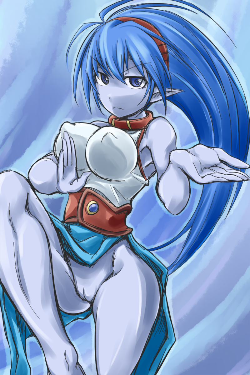 blue_hair blue_skin breasts celsius celsius_(tales) cleft_of_venus colored_skin covered_erect_nipples highres large_breasts long_hair looking_at_viewer nipples covered_erect_nipples no_panties pointy_ears pussy tagme tales_of_(series) tales_of_eternia very_long_hair