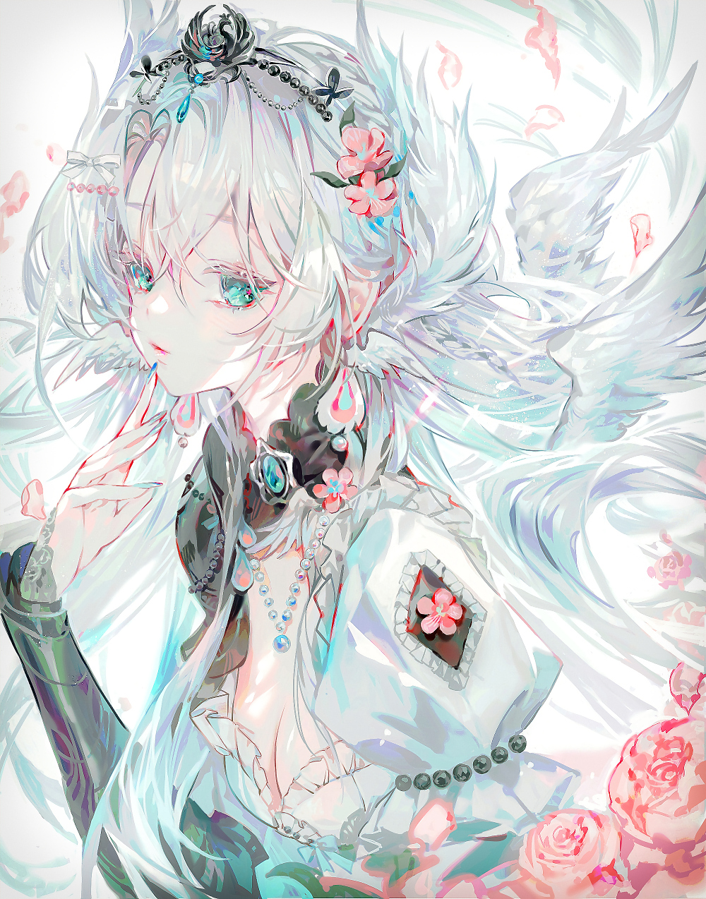 1girl azubull blue_eyes blue_nails breasts butterfly_hair_ornament cleavage commission dress ear_wings feathers flower frilled_dress frills hair_ornament highres jewelry long_hair looking_at_viewer medium_breasts original pendant puffy_sleeves solo string_of_pearls white_feathers white_hair white_wings wings