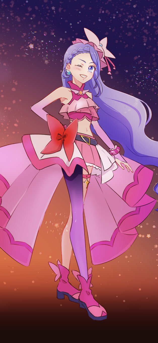 1girl aono_miki asymmetrical_clothes asymmetrical_legwear bare_shoulders blush boots bow braid commentary cosplay crossover cure_berry cure_butterfly cure_butterfly_(cosplay) earrings eyelashes fpminnie1 fresh_precure! gradient_background hair_ornament happy highres hirogaru_sky!_precure in-franchise_crossover jewelry long_hair looking_at_viewer magical_girl midriff navel one_eye_closed pantyhose pink_boots pink_shirt pink_skirt precure purple_eyes purple_hair shirt single_braid single_leg_pantyhose sketch skirt smile solo standing symbol-only_commentary trait_connection