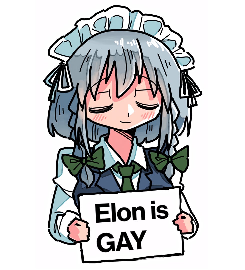 1girl blush bow braid christmas_is_cancelled closed_eyes closed_mouth cropped_torso english_text green_bow green_necktie grey_hair hair_bow holding holding_sign insult izayoi_sakuya kasuya_baian long_sleeves maid maid_headdress medium_hair meme necktie neta short_sleeves sign simple_background solo touhou twin_braids white_background