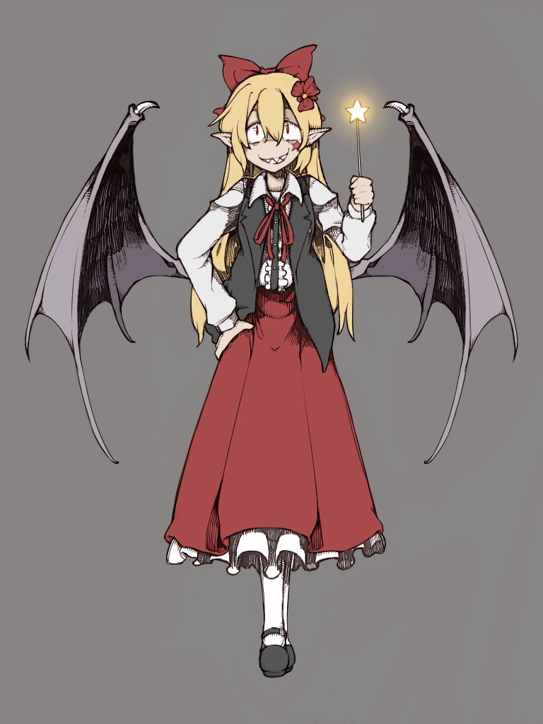 1girl black_shoes black_vest blonde_hair bolos bow center_frills collared_shirt collared_vest commentary demon_wings elis_(touhou) evil_grin evil_smile facial_tattoo flower frilled_skirt frills full_body glowing grey_background grin hair_between_eyes hair_bow hair_flower hair_ornament hand_on_own_hip holding holding_wand lapels long_hair long_skirt long_sleeves mary_janes neck_ribbon notched_lapels open_clothes open_vest pantyhose pink_eyes pleated_skirt pointy_ears purple_wings red_bow red_flower red_ribbon red_skirt ribbon sharp_teeth shirt shoes simple_background skirt smile solo standing star_tattoo star_wand straight-on straight_hair tachi-e tattoo teeth touhou touhou_(pc-98) very_long_hair vest wand white_pantyhose white_shirt wide-eyed wings