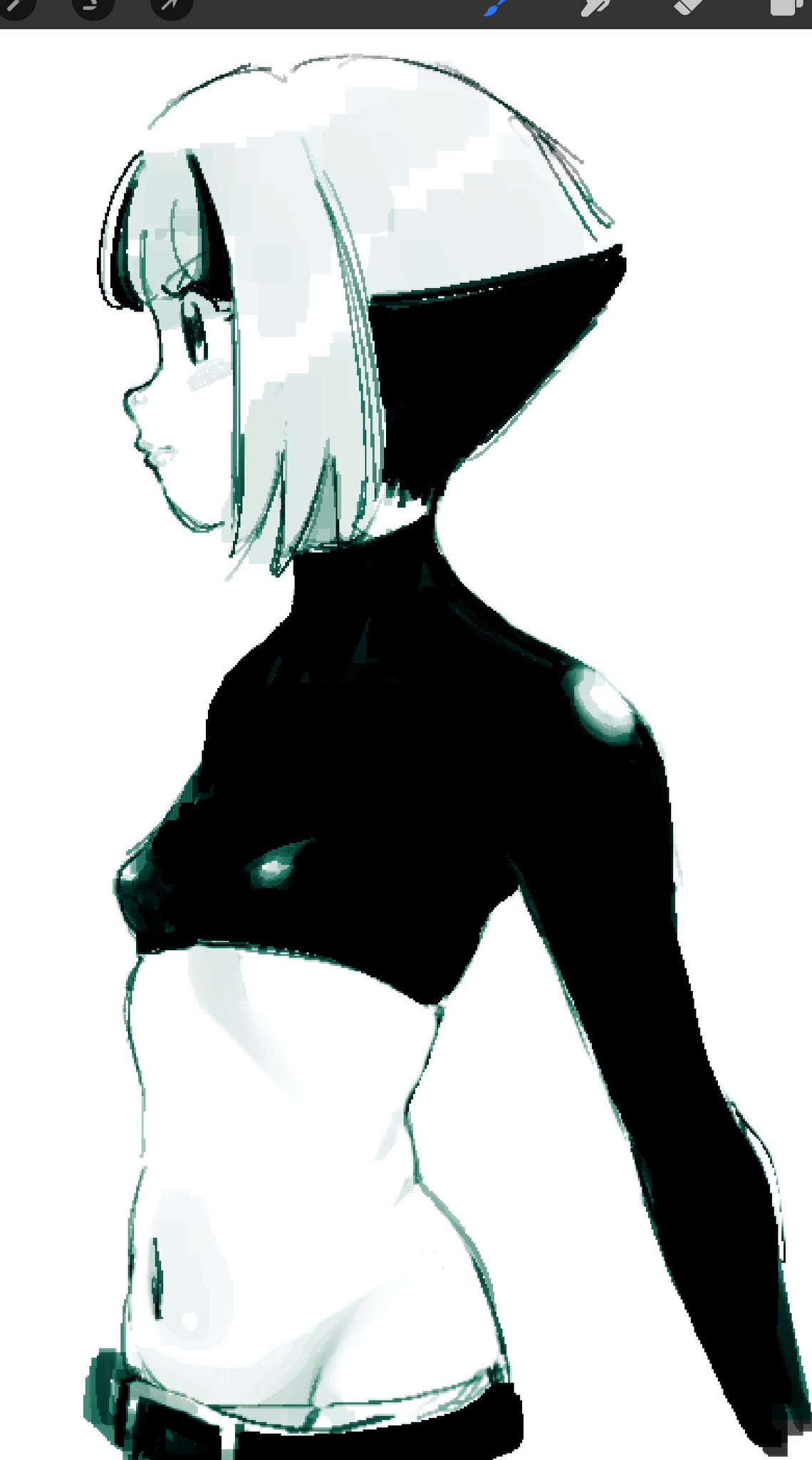 1girl art_program_in_frame belt belt_buckle breasts buckle crop_top from_side gardenia_(pokemon) groin highres hip_bones long_sleeves midriff monochrome multicolored_hair navel nintendo pie_(aipiepo) pokemon pokemon_dppt small_breasts solo two-tone_hair upper_body
