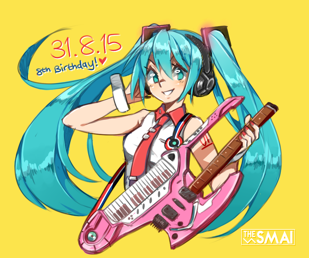 1girl aqua_eyes aqua_hair commentary dated electric_guitar female_focus guitar happy_birthday hatsune_miku headphones headset instrument keytar long_hair nail_polish necktie sami_briggs sleeveless solo tattoo twintails upper_body very_long_hair vocaloid watermark wrist_cuffs yellow_background