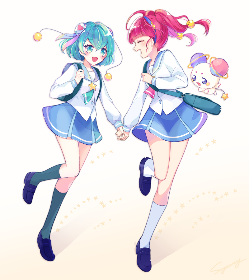 :d ahoge aqua_eyes aqua_hair aqua_neckwear backpack bag blue_footwear blue_sailor_collar blue_skirt blunt_bangs closed_eyes flats full_body fuwa_(precure) gradient_background green_legwear hagoromo_lala hair_over_one_eye hairband hairpods holding_hands hoshina_hikaru long_hair long_sleeves medium_hair mihoshi_middle_school_uniform open_mouth pink_hair pink_neckwear pleated_skirt precure sailor_collar school_bag school_uniform shirt skirt smile socks star_(symbol) star_symbol_background star_twinkle_precure suyamey twintails white_background white_legwear white_shirt