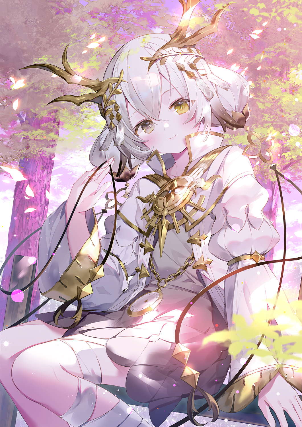 1girl atelier_(series) atelier_ryza atelier_ryza_3 black_dress colored_skin dress gold_trim grey_eyes guest_art hair_between_eyes hair_ornament hand_up heterochromia highres ibara_riato jewelry kala_ideas light_blush long_sleeves looking_at_viewer official_art outdoors pocket_watch second-party_source sitting smile solo tiara tree watch white_hair white_skin wide_sleeves yellow_eyes