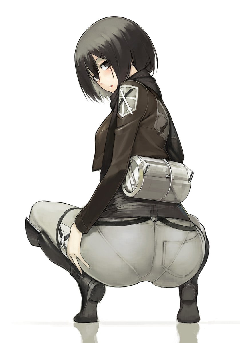 1girl ass black_eyes black_hair boots cropped_jacket emblem full_body highres jacket knee_boots looking_back mikasa_ackerman military military_uniform namaniku_atk open_clothes open_jacket open_mouth pantylines paradis_military_uniform shingeki_no_kyojin short_hair simple_background solo source_request squatting strap training_corps_(emblem) white_background