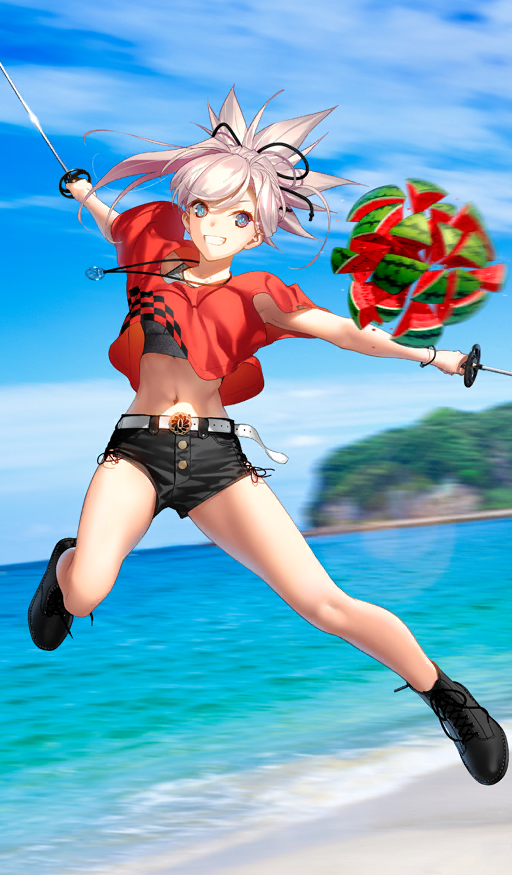 1girl :d bare_legs beach belt black_boots black_shorts blue_eyes blue_sky blurry blurry_background boots bracelet breasts buttons commentary_request crop_top day dual_wielding fate/grand_order fate_(series) food fruit full_body game_cg grey_sports_bra grin hair_ribbon holding holding_sword holding_weapon jewelry katana koyama_hirokazu medium_breasts medium_hair midair midriff miyamoto_musashi_(fate) miyamoto_musashi_(over_the_same_sky)_(fate) navel official_art open_mouth outdoors pendant photo_background pink_hair ribbon short_shorts short_sleeves shorts single_sidelock sky smile solo sports_bra swept_bangs sword third-party_source watermelon weapon white_belt