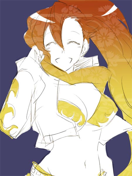 00s 1girl :d ^_^ bad_id bad_pixiv_id belt bikini bk breasts cleavage closed_eyes cropped_jacket female_focus flame_print flower gradient_hair hair_between_eyes high_collar laughing limited_palette long_hair long_sleeves midriff motomoto_saji mudo_(saji) multicolored_hair navel open_mouth ponytail simple_background sketch smile solo stomach swimsuit tengen_toppa_gurren_lagann upper_body yellow_bikini yoko_littner