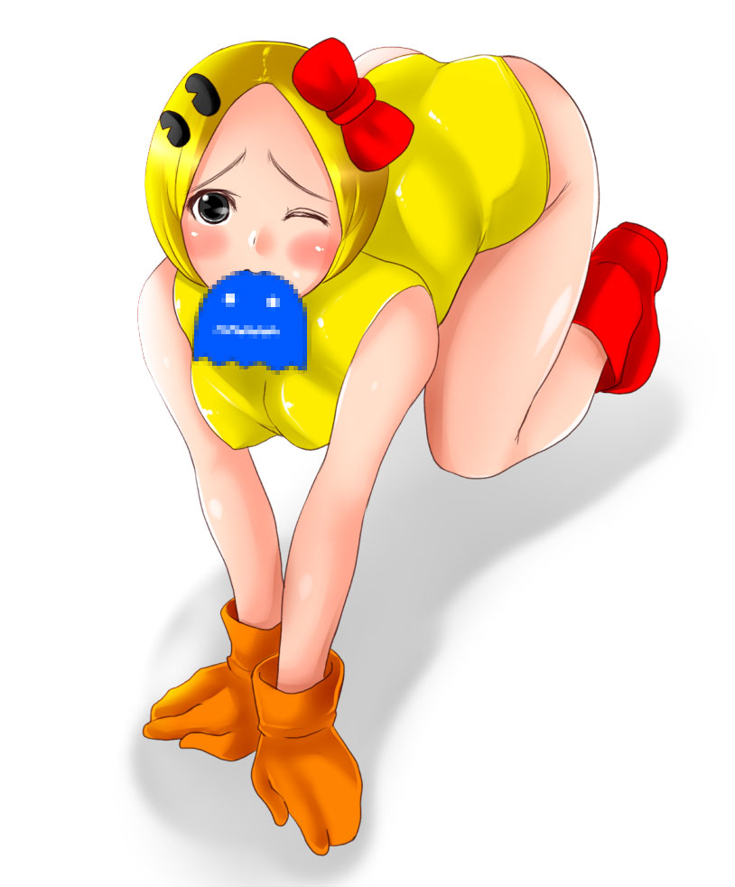 1girl all_fours ass bare_shoulders black_eyes blonde_hair blush boots bow breasts censored fake_censor female_focus full_body ghost gloves gradient_background hair_bow leotard looking_at_viewer medium_breasts mouth_hold ms._pac-man namco one_eye_closed orange_gloves pac-man_(game) pac-man_eyes_hair_ornament red_boots red_bow simple_background leotard solo white_background yellow_leotard
