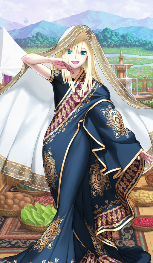1girl aqua_eyes asymmetrical_sleeves black_shirt blonde_hair blue_dress blush breasts dress fate/grand_order fate_(series) gold_trim indian_clothes long_hair long_sleeves looking_at_viewer medium_breasts official_art open_mouth reines_el-melloi_archisorte reines_el-melloi_archisorte_(dream_portrait)_(fate) sakamoto_mineji sari shirt short_sleeves sidelocks smile solo veil wide_sleeves