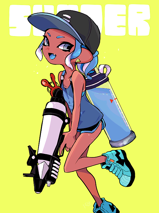 1girl :d baseball_cap black_hat black_shorts blue_eyes blue_hair blue_shoes blue_tank_top blue_tongue collarbone colored_tongue commentary_request dark-skinned_female dark_skin dolphin_shorts earrings fang foot_out_of_frame hat high_tops holding holding_weapon imaikuy0 ink_tank_(splatoon) jewelry looking_to_the_side medium_hair nintendo octoling octoling_girl octoling_player_character open_mouth ponytail shoes shorts sidelocks smile sneakers solo splatoon_(series) splattershot_pro_(splatoon) standing standing_on_one_leg tank_top tentacle_hair triangle_earrings two-sided_fabric two-sided_headwear weapon yellow_background