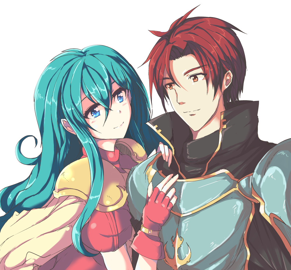 1boy 1girl aqua_hair armor bad_id bad_pixiv_id blue_armor blue_eyes blush bracelet cape collar couple echizen_(hvcv) eirika_(fire_emblem) eye_contact fingerless_gloves fire_emblem fire_emblem:_the_sacred_stones gloves hair_between_eyes hetero hug jewelry knight long_hair looking_at_another neck nintendo partially_fingerless_gloves puffy_short_sleeves puffy_sleeves red_eyes red_gloves red_hair seth_(fire_emblem) short_hair short_sleeves sidelocks simple_background smile upper_body white_background