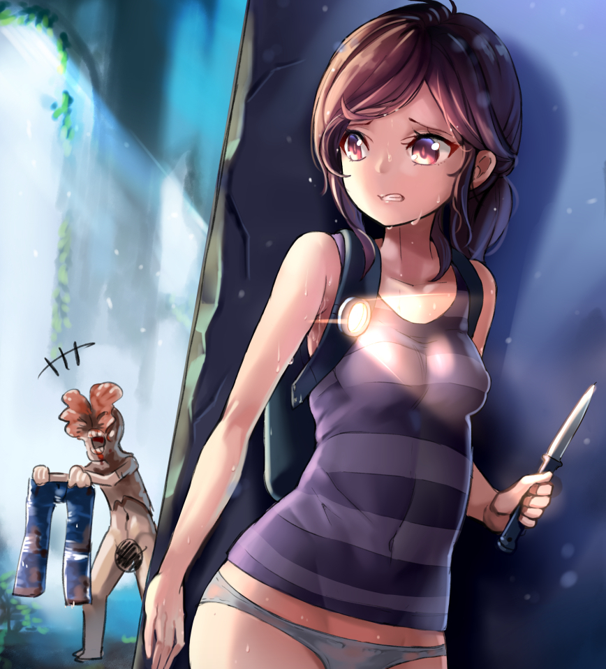 +++ 1girl backpack bag bare_arms bare_shoulders blood blue_pants breasts brown_hair censored clenched_teeth clicker_(the_last_of_us) commentary_request covered_erect_nipples day ellie_(the_last_of_us) groin hm_(hmongt) holding holding_knife holding_pants knife long_hair medium_breasts navel no_pants outdoors panties pants red_eyes solo_focus striped_tank_top tank_top teeth the_last_of_us the_last_of_us_(series) underwear unworn_pants wet white_panties
