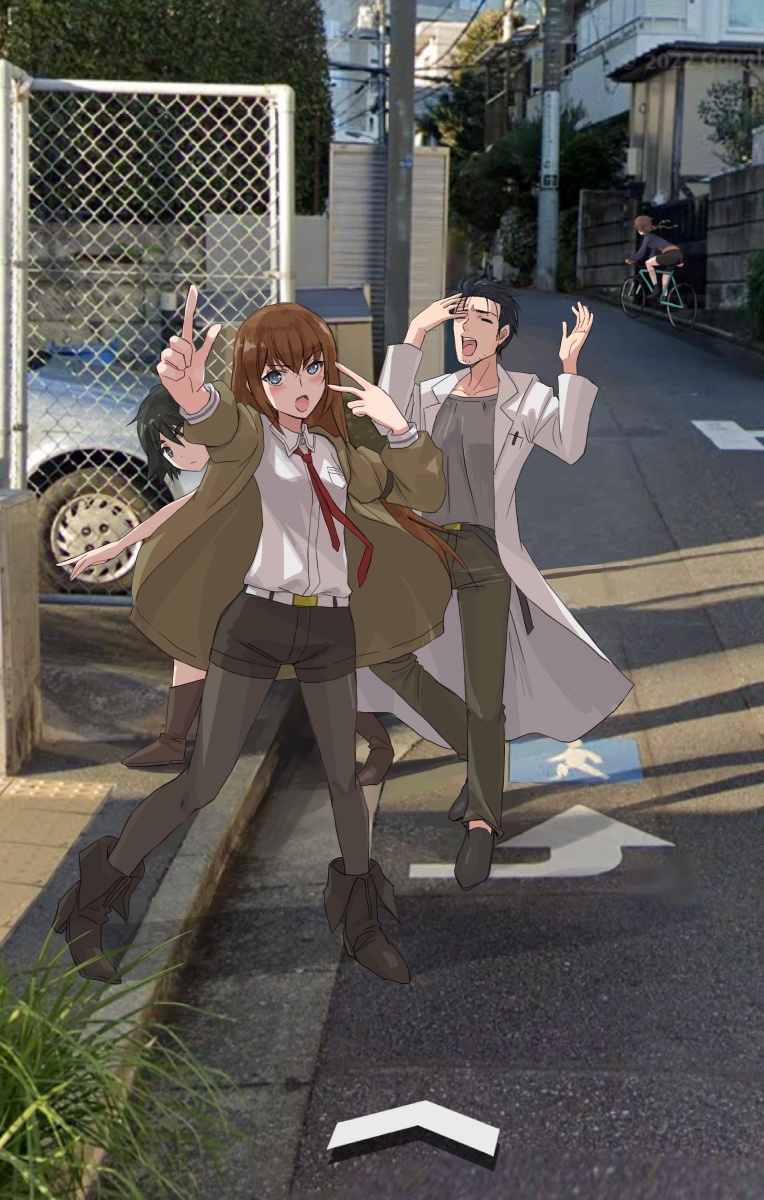 1boy 3girls :o amane_suzuha arrow_(symbol) belt belt_buckle bicycle bike_shorts black_footwear black_hair black_jacket black_pantyhose black_shorts blue_eyes blush bob_cut boots braid braided_twintails breast_pocket breasts brown_coat brown_footwear brown_hair buckle building bush car chain-link_fence closed_eyes coat collared_shirt commentary dress_shirt fence floating_hair full_body google_maps google_street_view grass grey_shirt hair_between_eyes hair_slicked_back hand_on_own_head hands_up high_school_girls_posing_for_google_street_view_(meme) highres index_finger_raised jacket jun_(rellik_&amp;_redrum) lab_coat long_coat long_hair long_sleeves makise_kurisu meme motor_vehicle multiple_girls object_in_pocket okabe_rintarou open_clothes open_coat open_jacket open_mouth pantyhose pantyhose_under_shorts pen pen_in_pocket photo_background pocket raised_curb riding riding_bicycle road shiina_mayuri shirt shoes short_hair shorts sidewalk small_breasts steins;gate street t-shirt tactile_paving teeth town tree twin_braids upper_teeth_only utility_pole v white_belt white_coat white_shirt