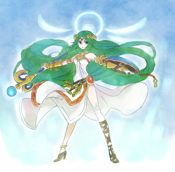 1girl arm_shield blue_background breasts circlet full_body gradient_background green_eyes green_hair high_heels holding holding_staff kid_icarus kid_icarus_uprising long_hair nintendo palutena single_thighhigh solo staff standing thighhighs very_long_hair white_thighhighs yukigi