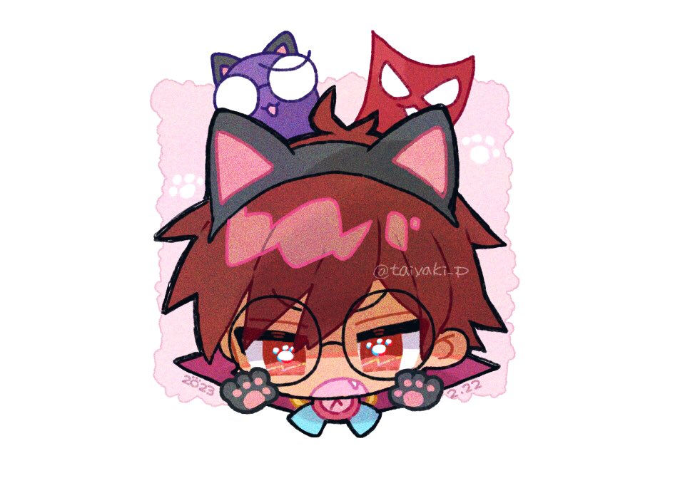 1boy animal_ears animal_hands blue_ribbon brown_hair cat_ears dated doradorakingyo fake_animal_ears fang klug_(puyopuyo) male_focus open_mouth paw_print pocket_watch puyopuyo puyopuyo_fever red_eyes ribbon round_eyewear short_hair strange_klug tan twitter_username watch white_background
