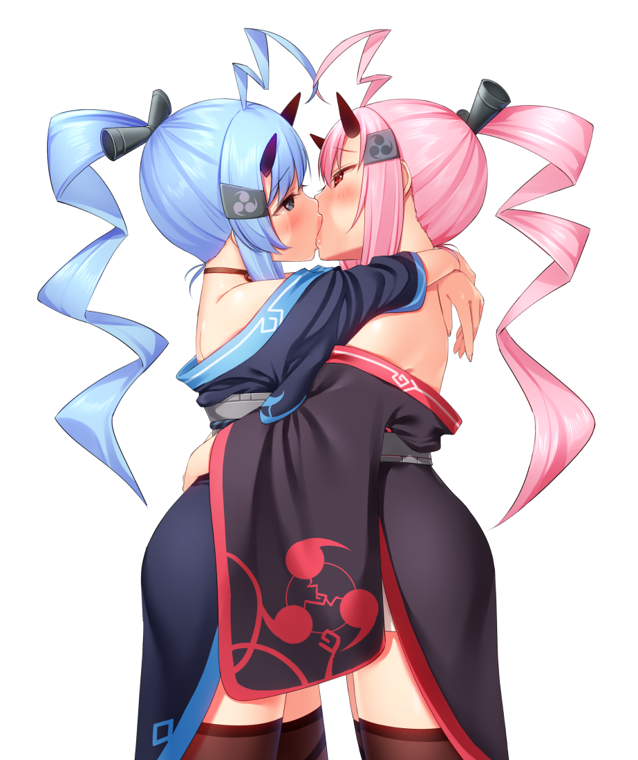 2girls ahoge azur_lane black_kimono black_thighhighs blue_eyes blue_hair from_side high_ponytail horns hug ikazuchi_(azur_lane) inazuma_(azur_lane) japanese_clothes kimono kiss lips long_hair looking_at_another multiple_girls pink_hair ponytail red_eyes red_horns sakuramon simple_background thighhighs white_background yoyomura yuri