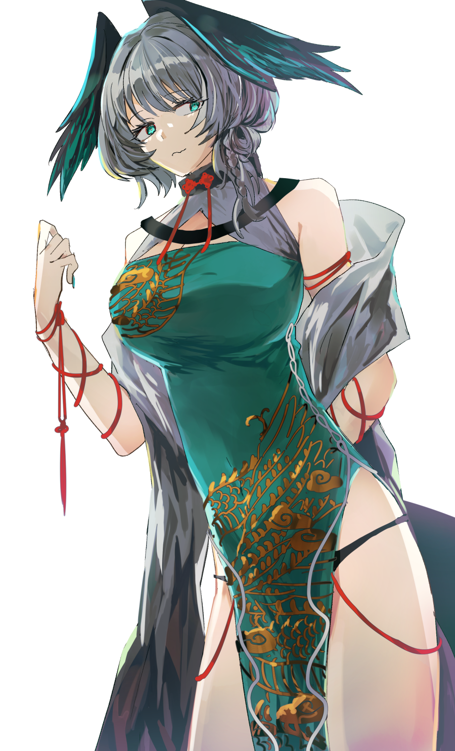 1girl aqua_dress aqua_eyes arknights china_dress chinese_clothes dress feathered_wings grey_hair hagoromo head_wings highres ho&#039;olheyak_(arknights) iwashi_80 print_dress shawl simple_background smile solo white_background wings