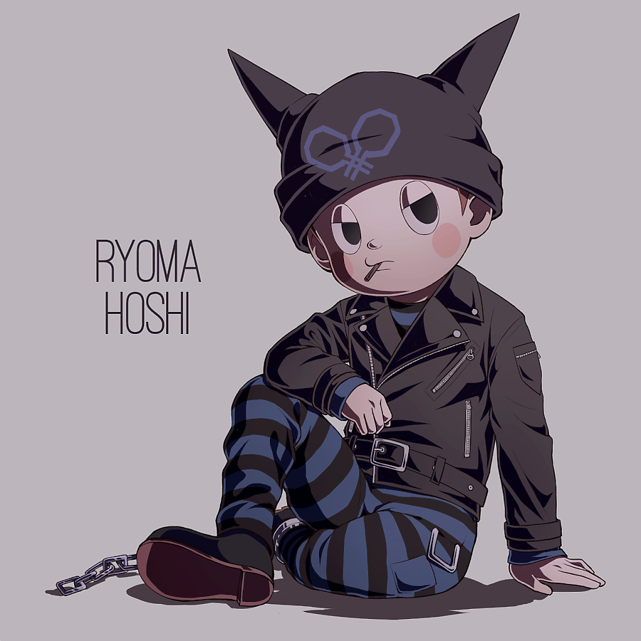 1boy animal_ear_headwear animal_ears bad_id bad_twitter_id beanie belt belt_buckle black_belt black_boots black_eyes black_hat black_jacket black_jumpsuit black_sleeves blue_jumpsuit blush_stickers boots brown_hair buckle buttons cat_ears character_name clenched_hand closed_mouth collared_jacket commentary_request crossed_legs cuffs danganronpa_(series) danganronpa_v3:_killing_harmony elbow_on_knee fake_animal_ears food_in_mouth full_body gato_(too0) grey_background half-closed_eyes hand_on_ground hat hoshi_ryoma jacket jumpsuit knee_up layered_sleeves leather leather_jacket long_sleeves looking_at_viewer male_focus shackles shadow short_hair simple_background single_ankle_cuff sitting sleeves_past_wrists solo striped_jumpsuit two-tone_jumpsuit zipper zipper_pull_tab
