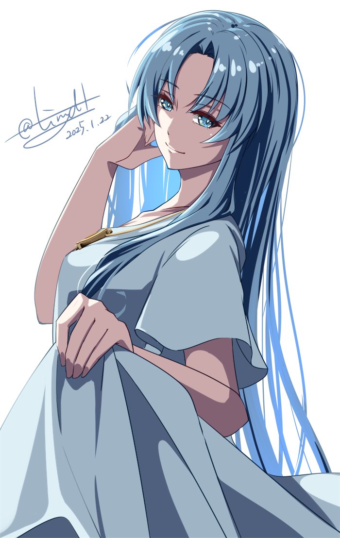 1girl ancient_ys_vanished blue_hair clothes_lift commentary_request curtained_hair dated dress dress_lift feena_(ys) jewelry long_hair looking_at_viewer parted_bangs pendant short_sleeves sidelocks signature simple_background smile solo tinybiard twitter_username white_background white_dress ys