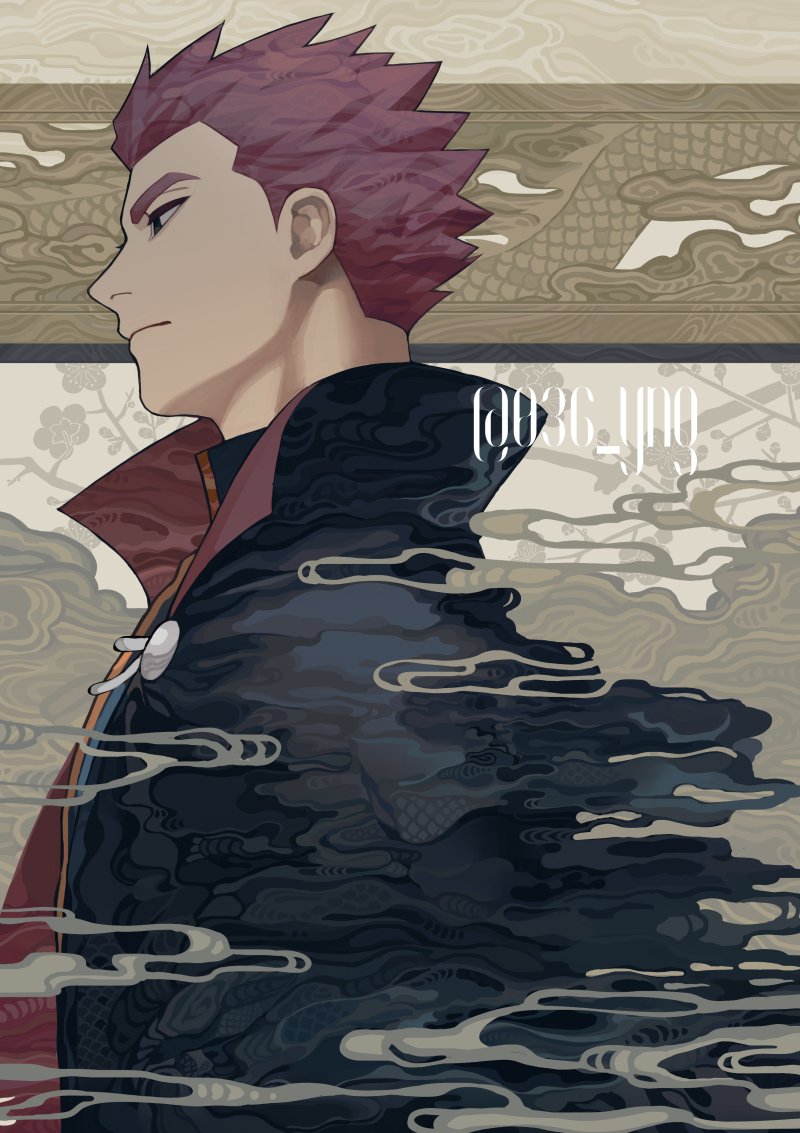 1boy black_cape black_eyes blue_jacket cape closed_mouth commentary_request from_side jacket lance_(pokemon) male_focus nintendo pokemon pokemon_hgss popped_collar red_hair short_hair solo spiked_hair twitter_username upper_body watermark y_(036_yng)