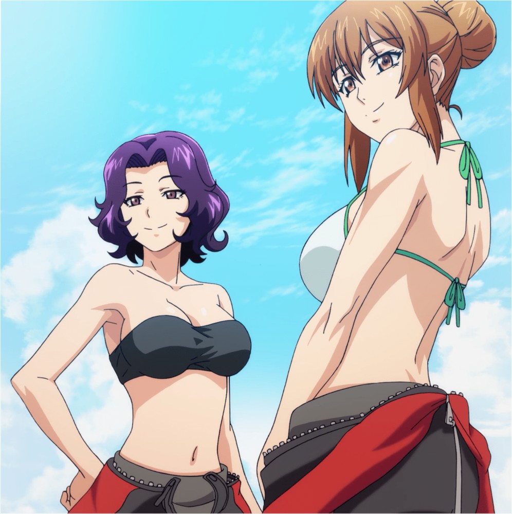 2girls anime_screenshot bikini breasts brown_eyes brown_hair cleavage cloud day female_focus grand_blue hair_ornament hamaoka_azusa kotegawa_nanaka large_breasts multiple_girls navel outdoors purple_hair sky smile standing stitched swimsuit tagme third-party_edit