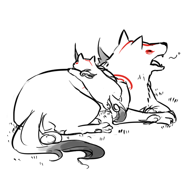amaterasu_(ookami) chibiterasu greyscale monochrome mother_and_son no_humans ookami_(game) ryohakkai simple_background sumi-e tail white_background wolf yawning