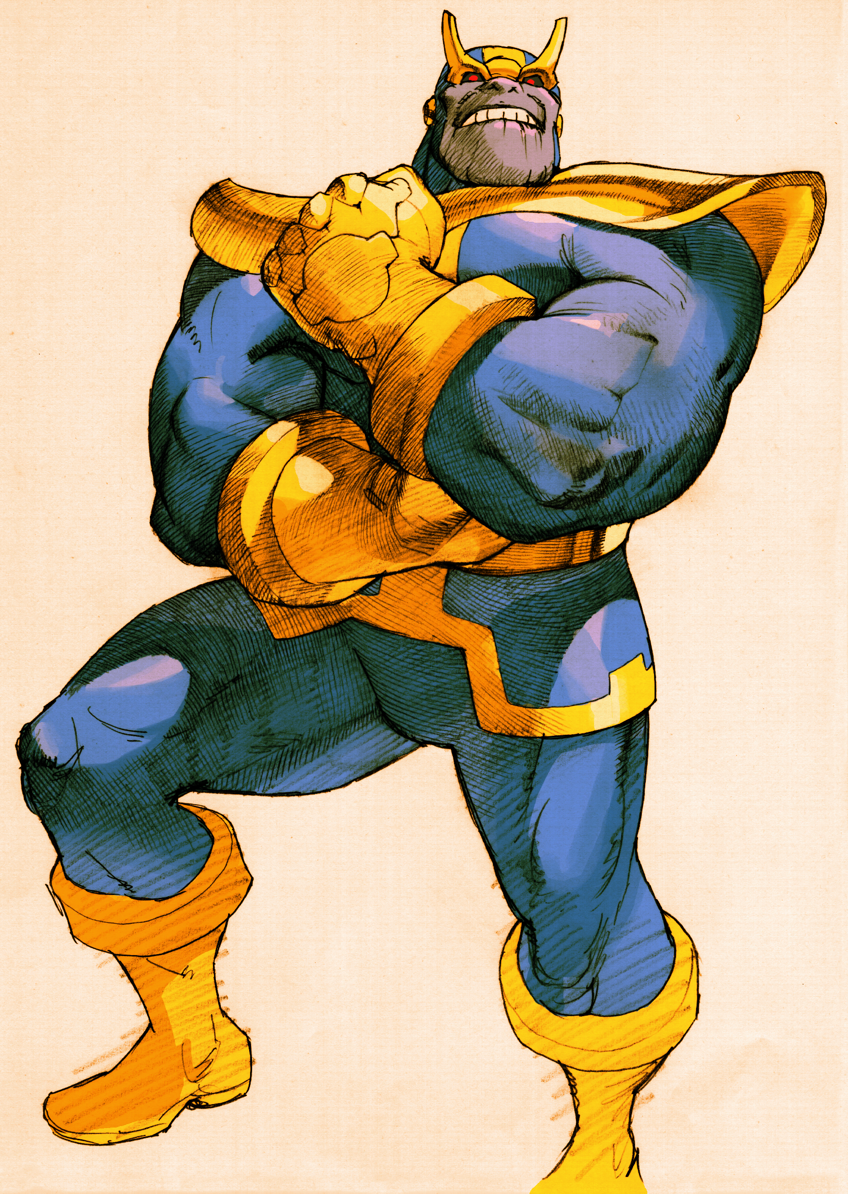1boy absurdres armor avengers_(series) bengus boots capcom clenched_hand colored_skin game_cg giant helmet highres infinity_gauntlet male_focus marvel marvel_vs._capcom marvel_vs._capcom_2 non-web_source purple_skin red_pupils scan shoulder_pads simple_background solo teeth thanos